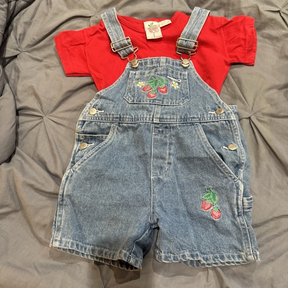 Vintage Radishes & Roses Girls 2T Denim Jean Overalls Strawberry Shorts Red
